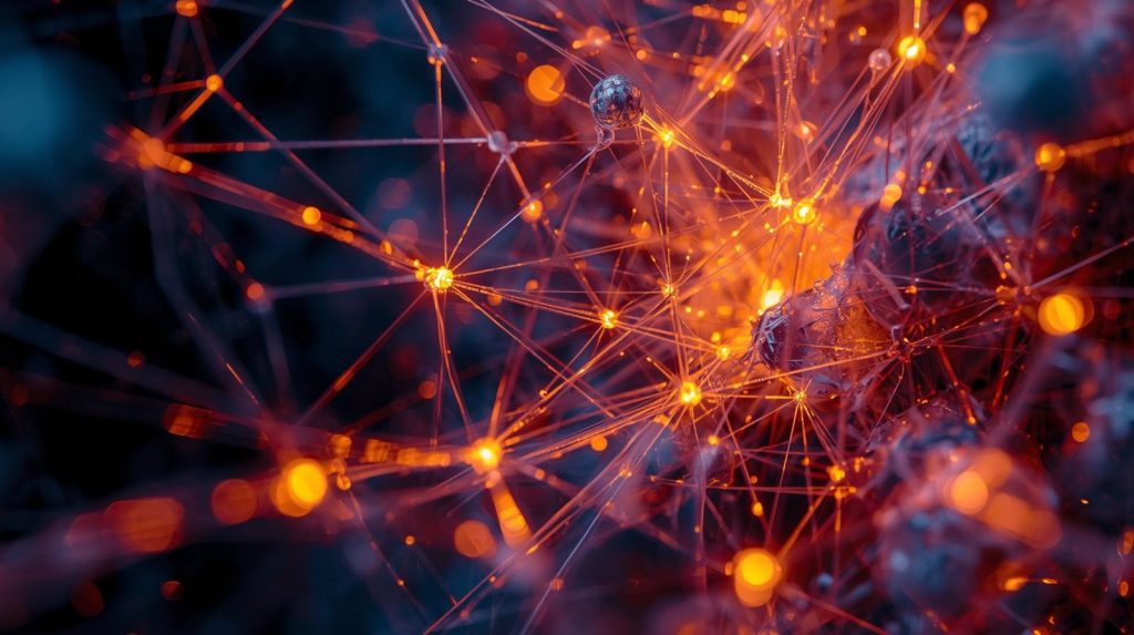 Abstract glowing network of interconnected nodes and lines with bright orange lights on a dark background