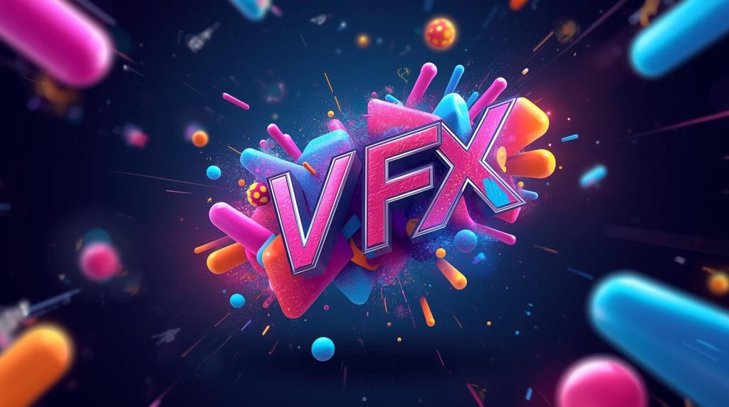 Colorful 3D digital artwork featuring the word VFX surrounded by vibrant abstract shapes and dynamic visual effects.