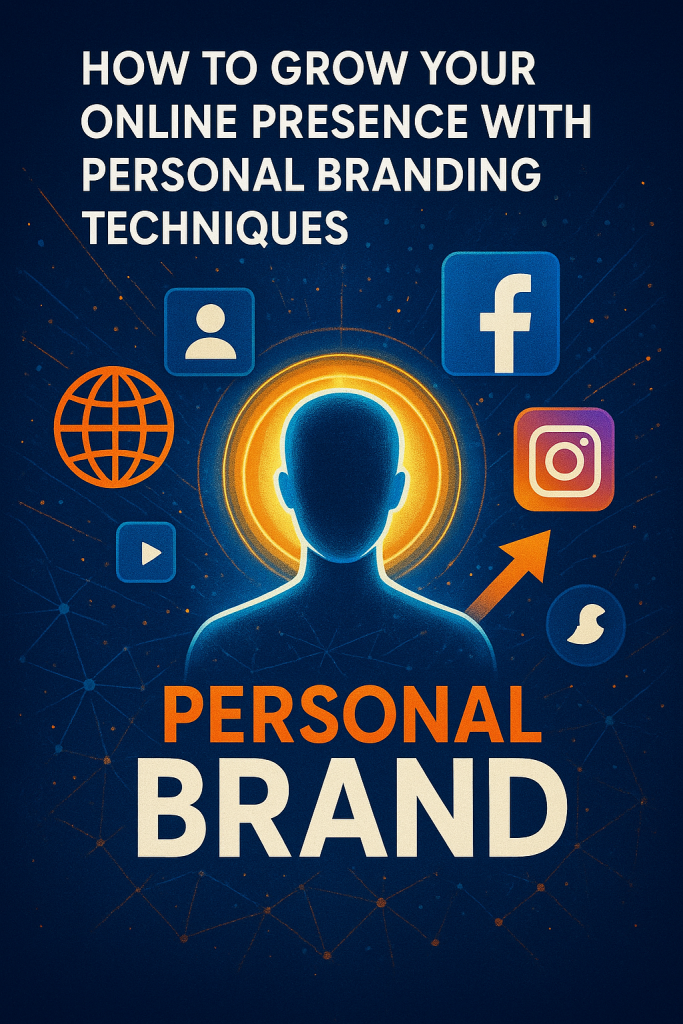 Illustration of a glowing human silhouette with social media icons and an upward arrow, representing how to grow your online presence using personal branding techniques.