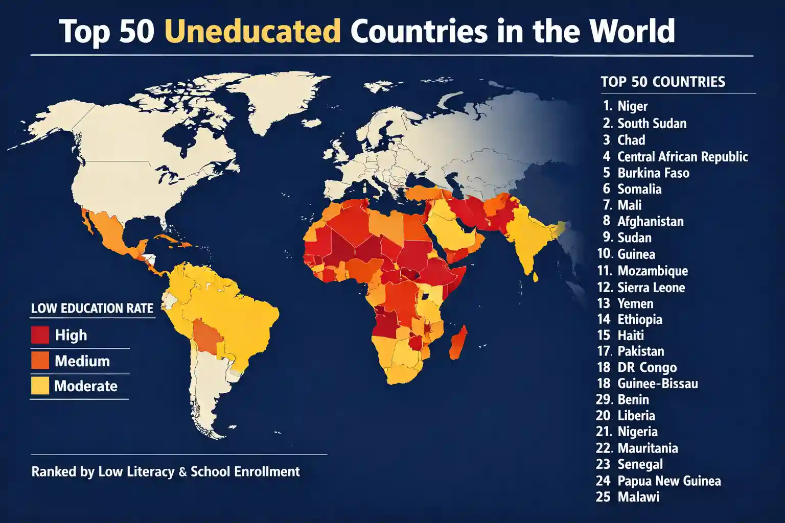 Top 50 Uneducated Countries in the World