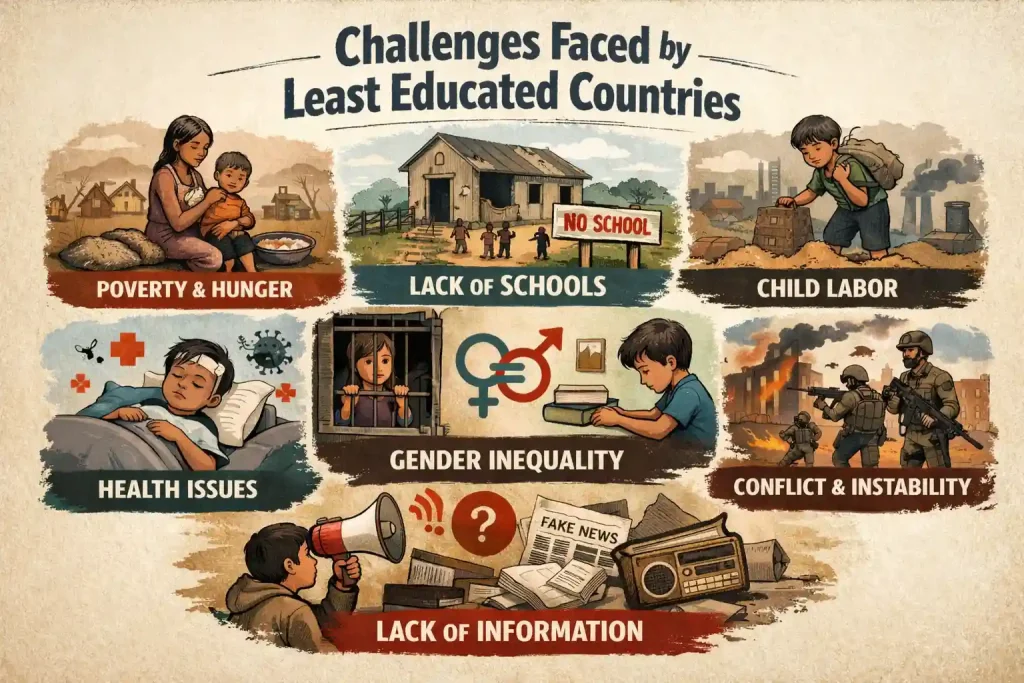 Illustration showing challenges faced by least educated countries such as poverty, lack of schools, child labor, health issues, gender inequality, conflict, and lack of information