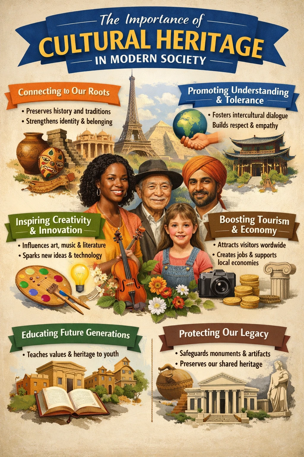 Infographic showing the importance of cultural heritage in modern society, highlighting traditions, history, creativity, education, and cultural preservation.