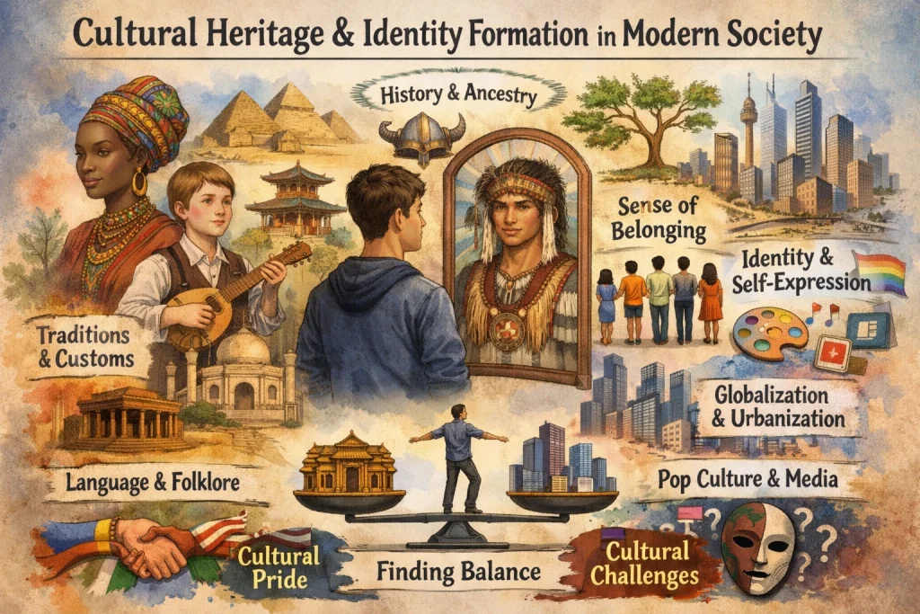 Illustration of cultural heritage and identity formation in modern society showing traditions, customs, language, folklore, globalization, pop culture, and personal identity.