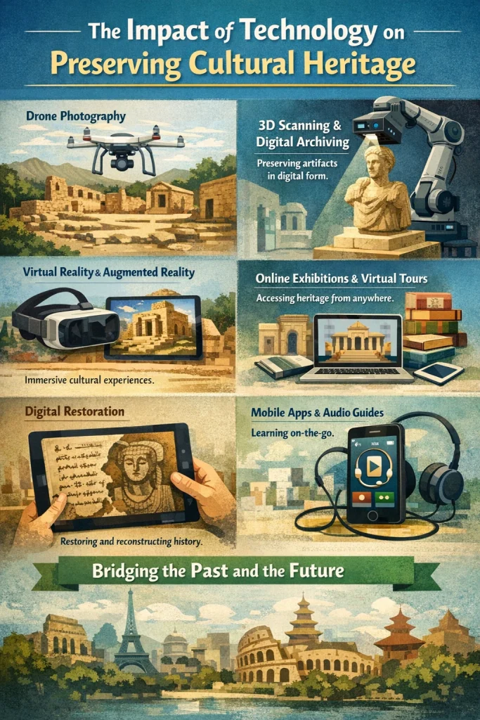 Impact of technology on preserving cultural heritage: drones, 3D scanning, VR, online tours, digital restoration, and mobile apps.