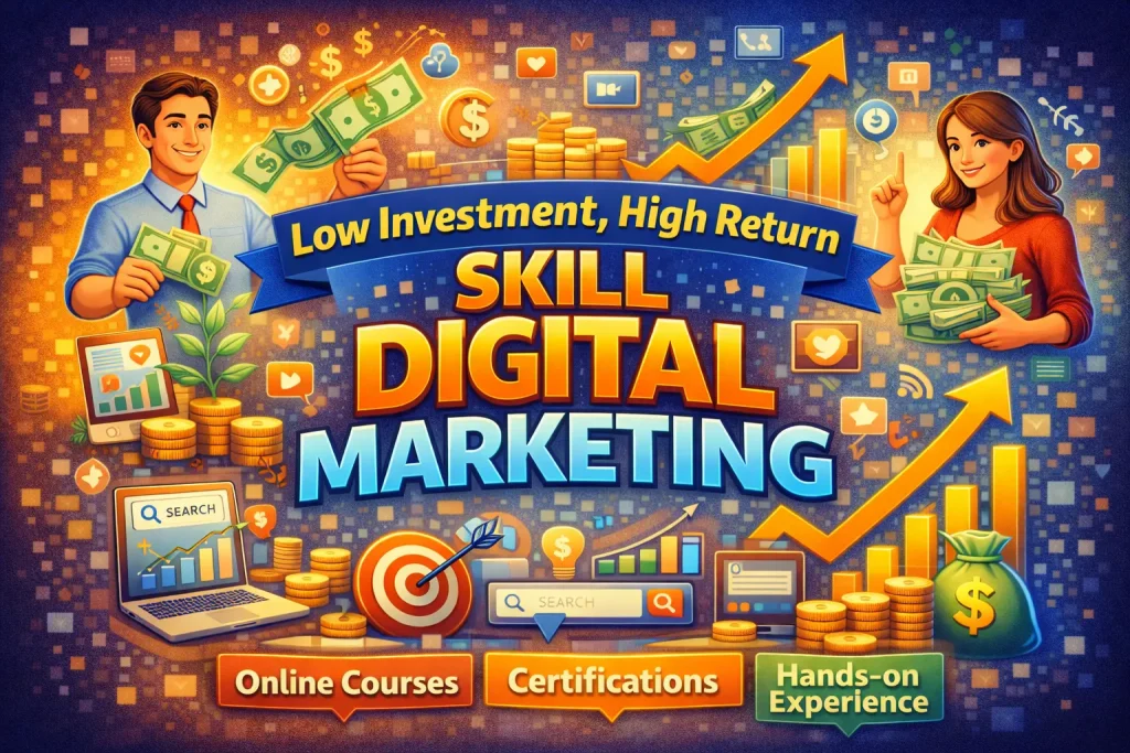 Digital Marketing skill showing low investment and high return with online courses, certifications, hands-on experience and income growth