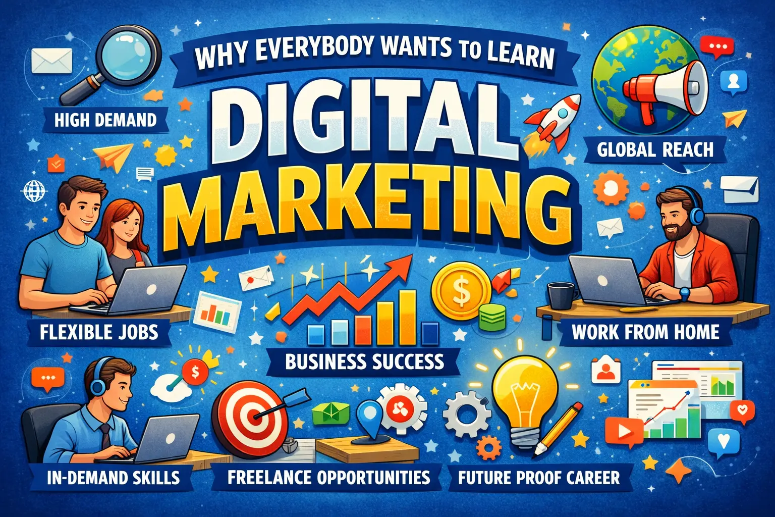 Why Everybody Wants to Learn Digital Marketing – high demand skills, flexible jobs, global reach and career growth illustration