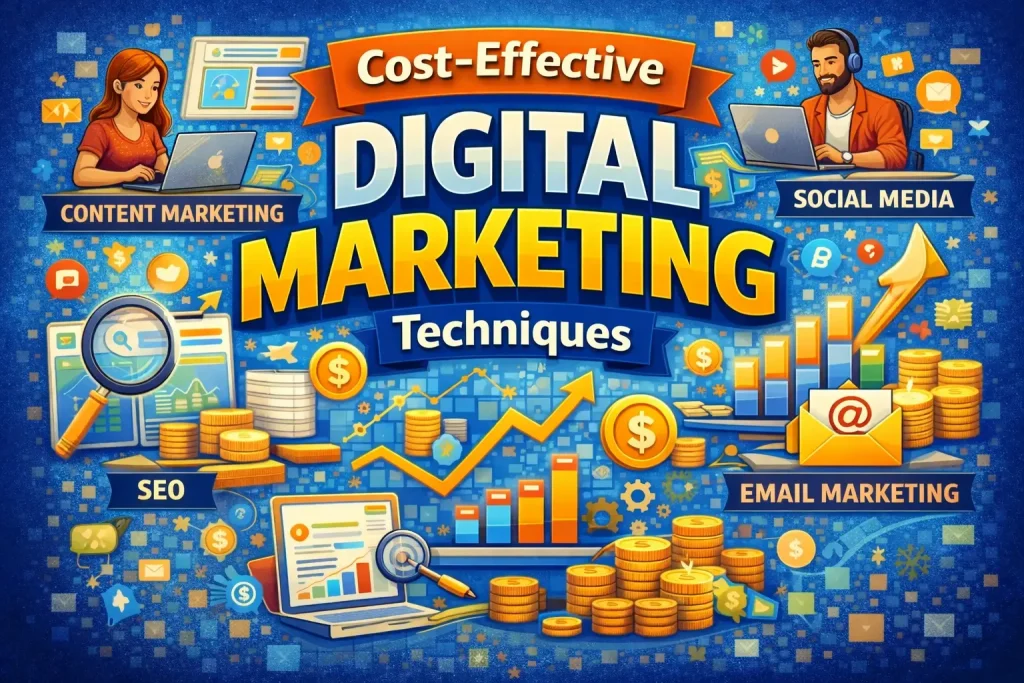 Cost-effective Digital Marketing techniques including SEO, content marketing, social media and email marketing illustrated with growth charts