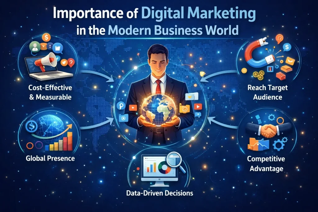 Importance of digital marketing in the modern business world showing global reach, data-driven decisions, cost-effective marketing, and competitive advantage