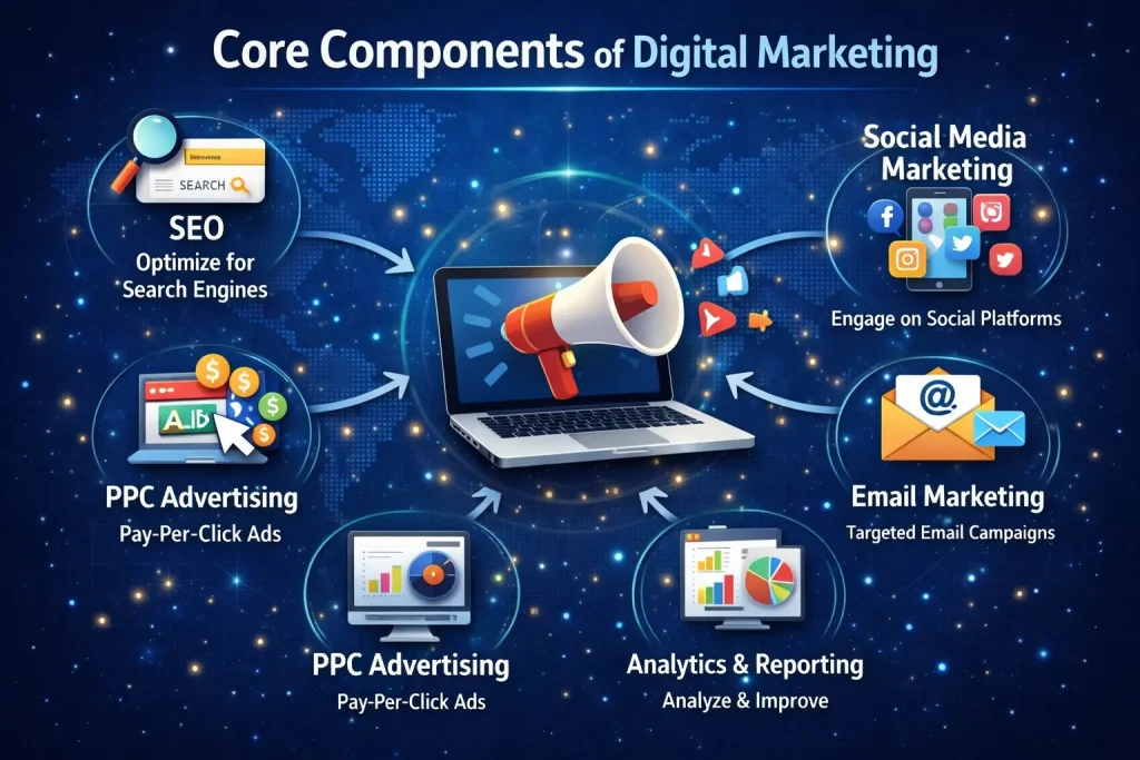 Core components of digital marketing including SEO, social media marketing, PPC advertising, email marketing, and analytics and reporting