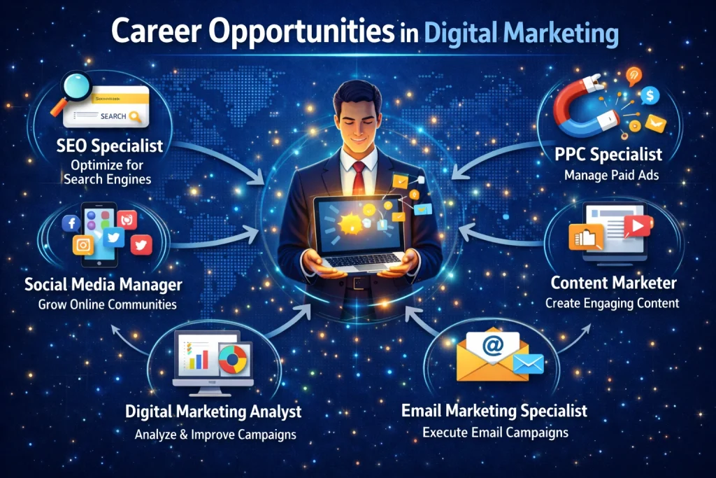 Infographic showing six digital marketing career roles with icons and descriptions around a central figure.
