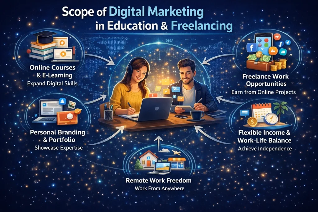Infographic showing digital marketing benefits in education and freelancing with icons and labeled sections.