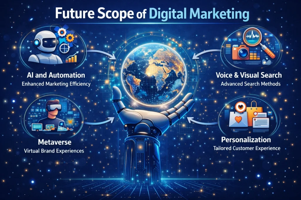 Infographic showing future trends in digital marketing with icons for AI, search, metaverse, and personalization.