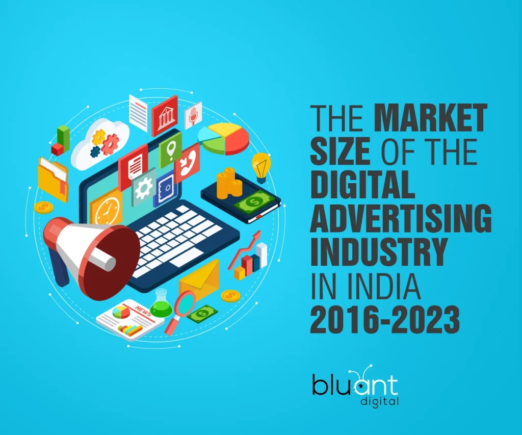 Market size of the digital advertising industry in India showing growth trends from 2016 to 2023 with digital marketing icons