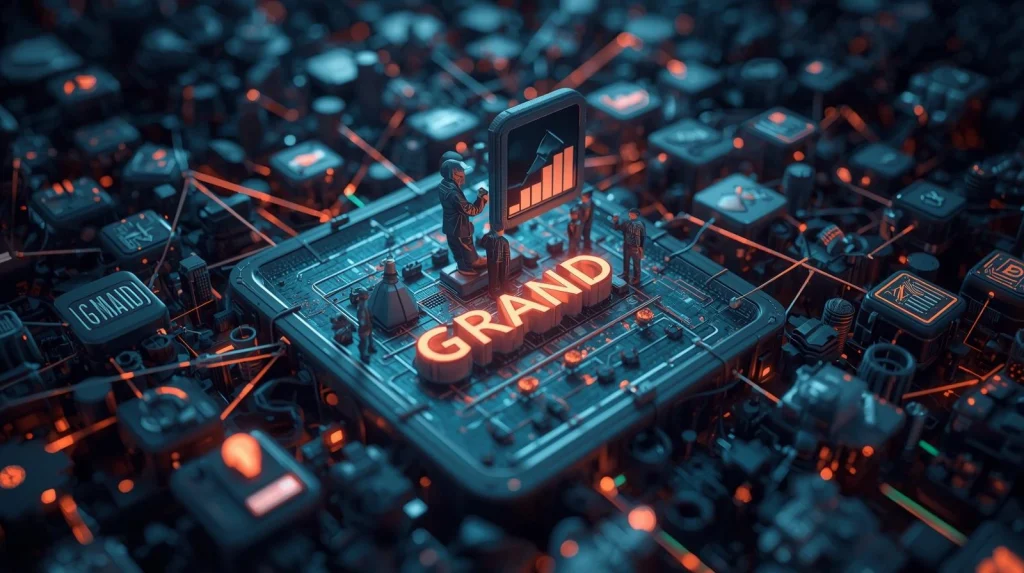 "Futuristic digital illustration of personal branding growth with miniature figures, glowing technology circuits, and data analytics elements."