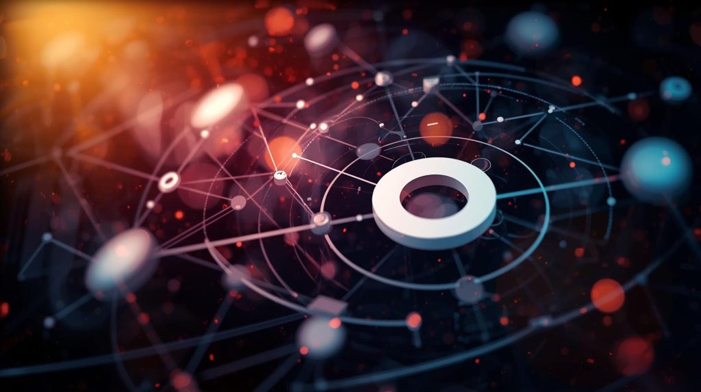 Abstract digital network with a central ring representing building a personal brand on social media through online connections and engagement.