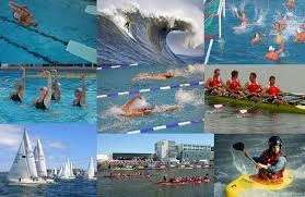 Collage of water sports including swimming, surfing, rowing, sailing, kayaking, and dragon boat racing
