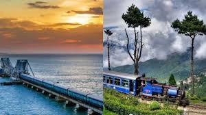 Scenic train journey across a coastal bridge and through lush green hills during daylight
