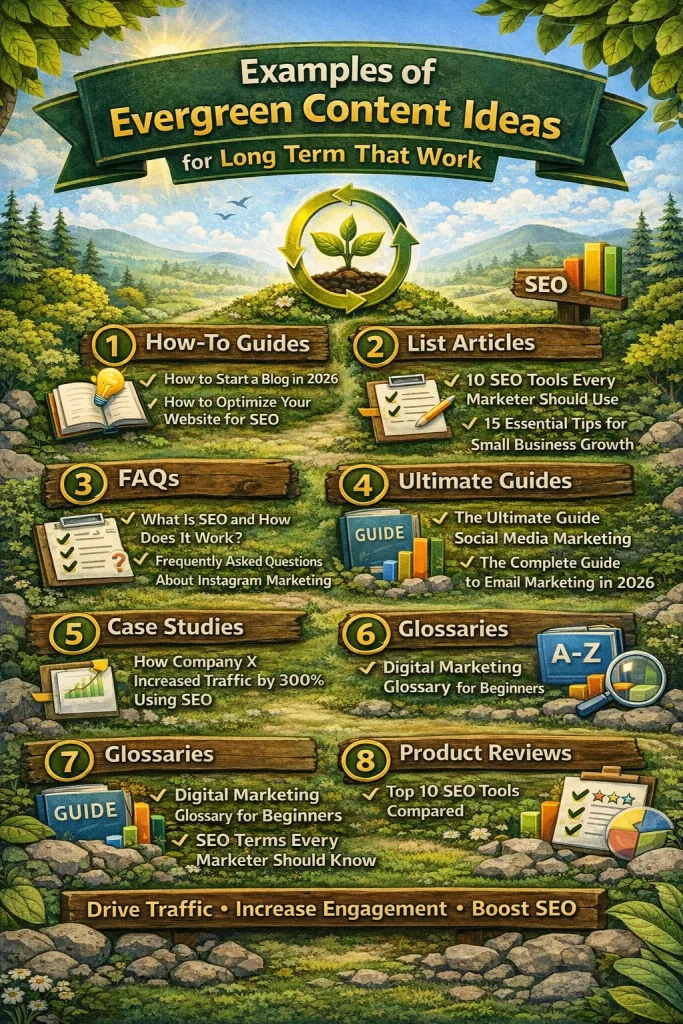 An illustrative infographic titled "Examples of Evergreen Content Ideas for Long Term That Work," featuring 8 categories—How-To Guides, List Articles, FAQs, Ultimate Guides, Case Studies, Glossaries, and Product Reviews—set against a lush, green forest background.