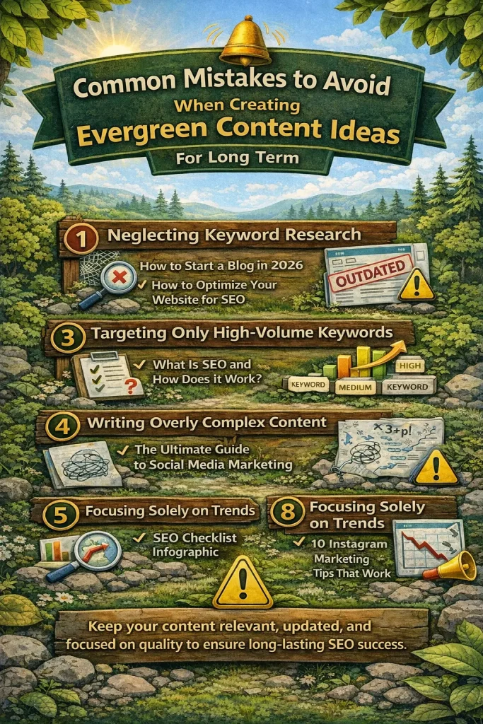 Infographic outlining 5 common mistakes in evergreen content: neglecting keyword research, targeting only high-volume keywords, writing overly complex content, and focusing solely on trends.