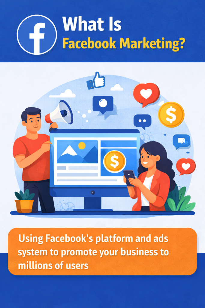 What is Facebook marketing illustration showing ads, engagement icons, and business promotion using Facebook platform