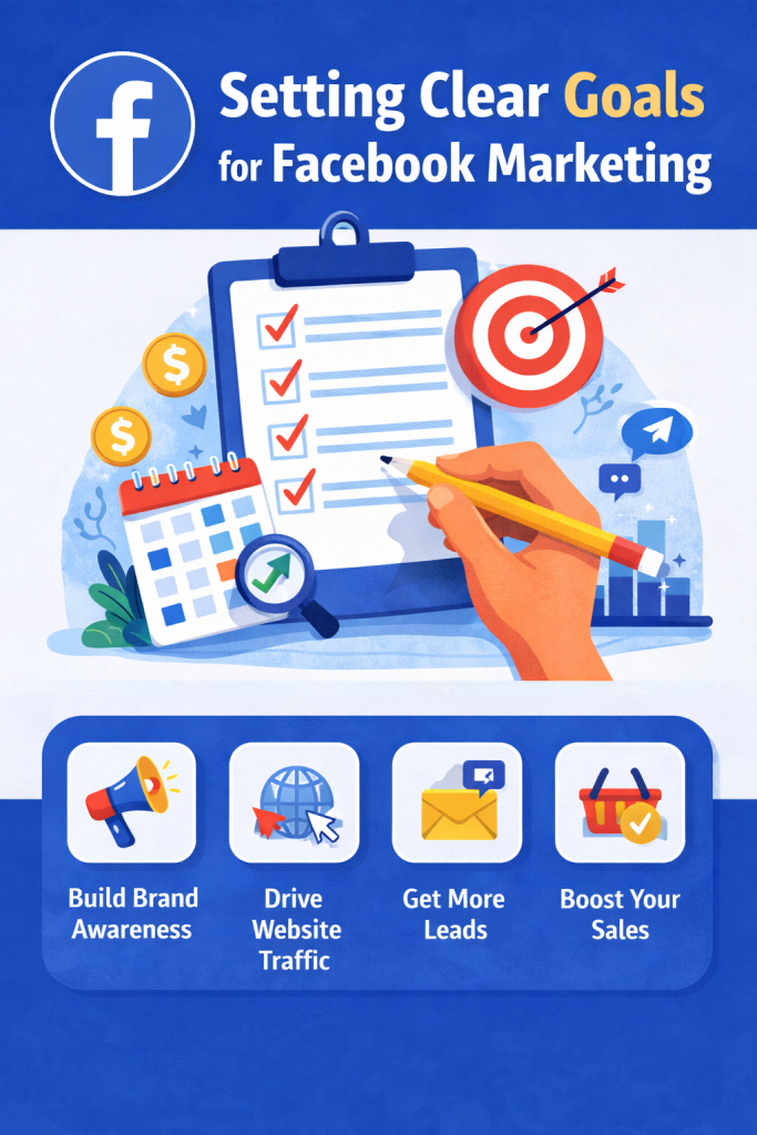 Setting clear goals for Facebook marketing showing checklist, target icon, and business growth objectives