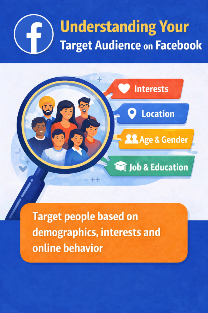 Understanding target audience on Facebook showing demographics, interests, location, and audience analysis