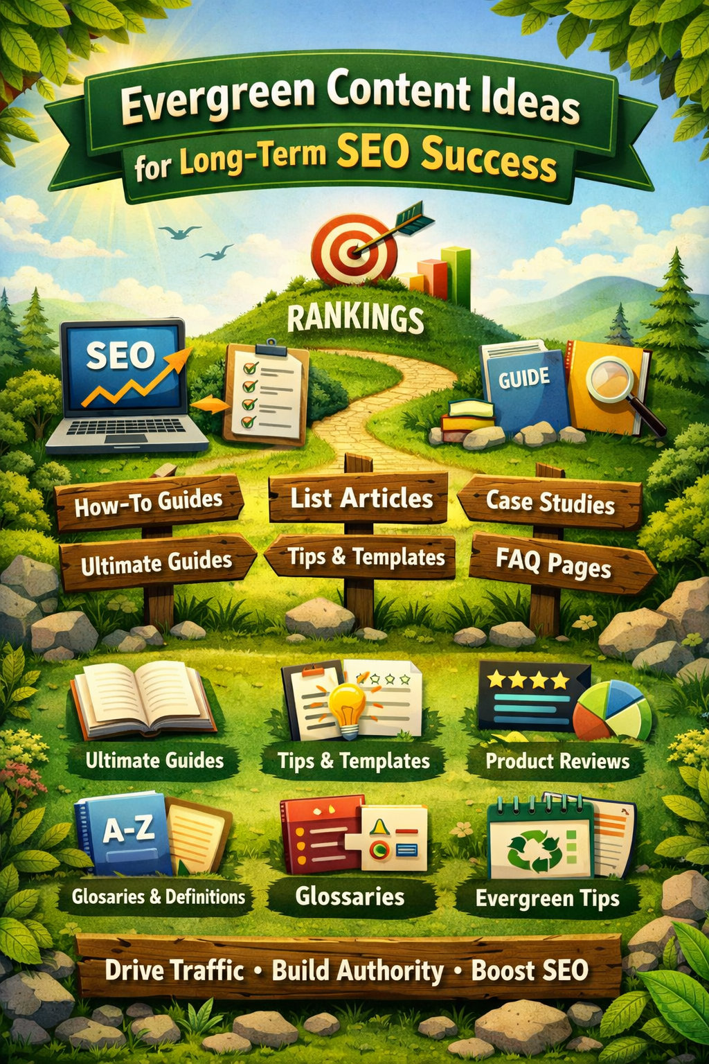 Evergreen content ideas for long-term SEO success featuring guides, list articles, case studies, FAQs, and tips to improve website rankings.