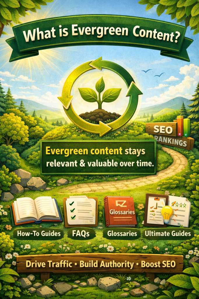What is evergreen content infographic showing how-to guides, FAQs, glossaries, and ultimate guides that remain relevant and valuable over time for SEO growth.