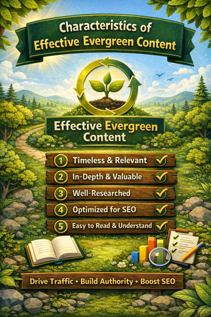 Infographic explaining the benefits of evergreen content for SEO, including steady traffic, backlink growth, and long-term authority.