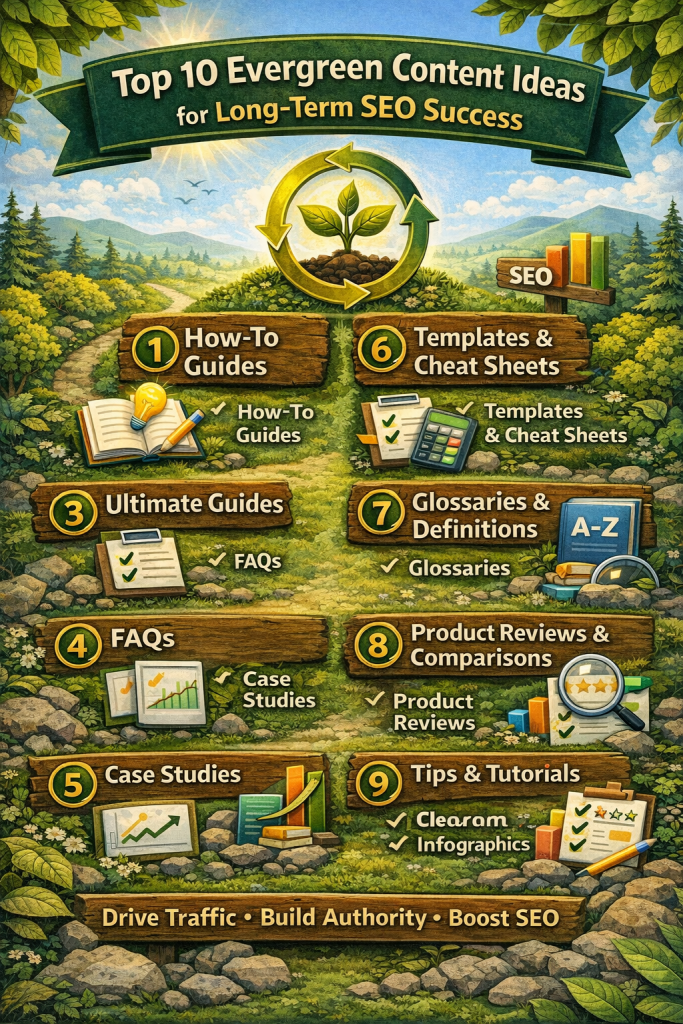 Infographic showing 10 evergreen content ideas for SEO, including How-to guides, ultimate guides, FAQs, case studies, templates, glossaries, and product reviews.