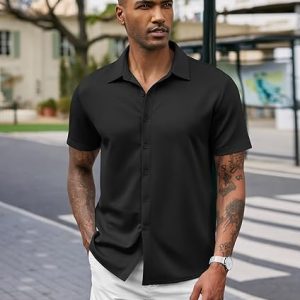 COOFANDY Mens Casual Wrinkle Free Shirts Short Sleeve Button Down Summer Stretch Dress Shirt