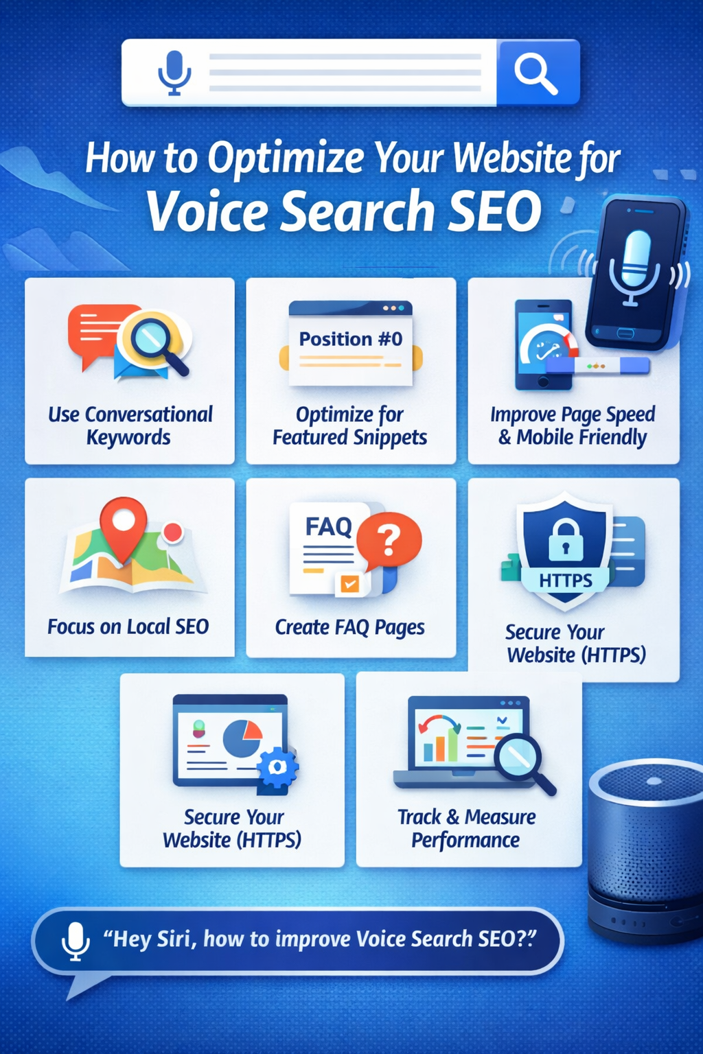 Infographic showing how to optimize your website for Voice Search SEO using conversational keywords, featured snippets, mobile optimization, local SEO, FAQs, and HTTPS security