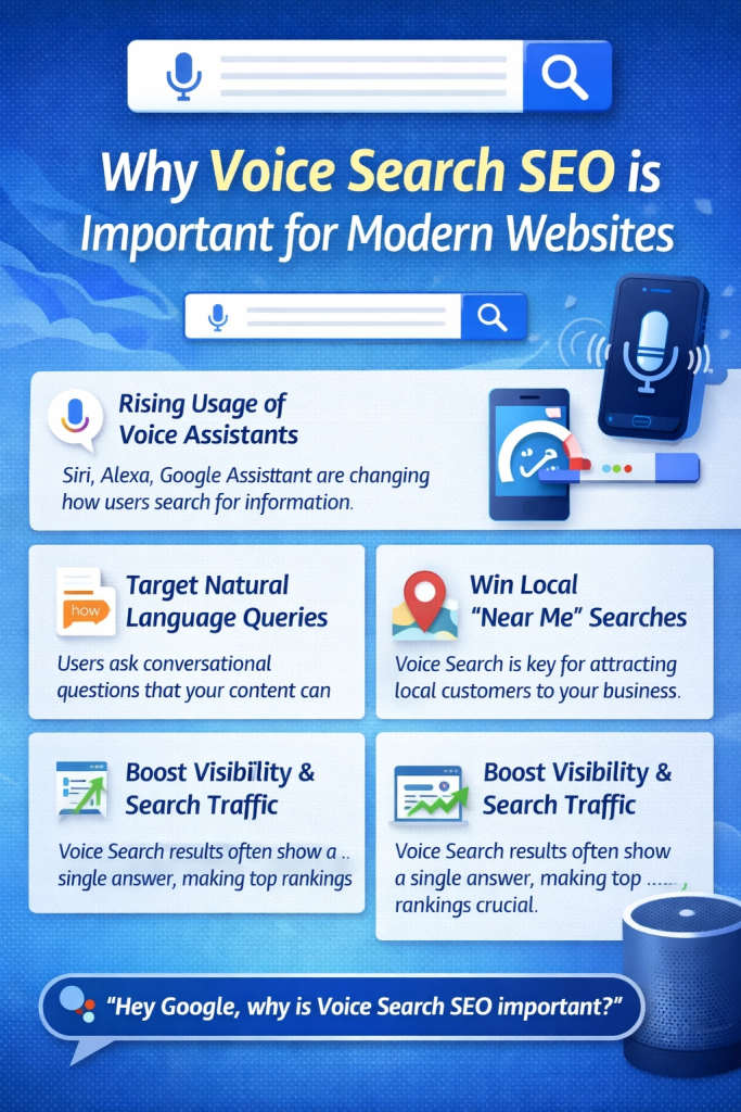 Infographic explaining why Voice Search SEO is important for modern websites, highlighting voice assistants, natural language queries, local “near me” searches, and increased search visibility