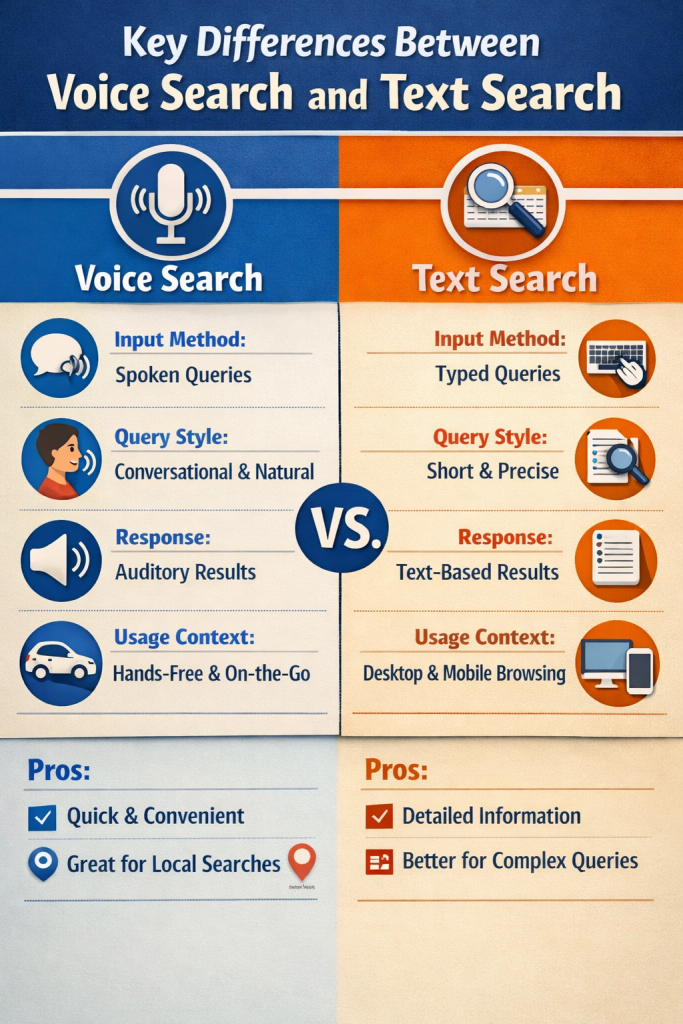 Infographic showing key differences between voice search and text search including input method, query style, response type, usage context, and benefits