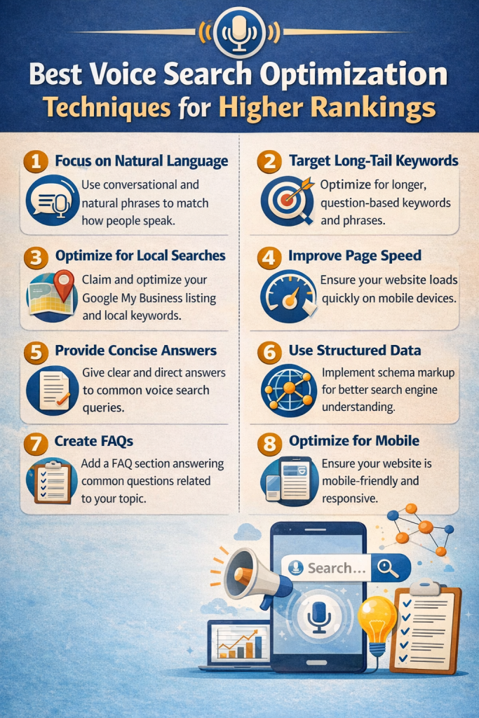 Infographic showing best voice search optimization techniques including natural language, long-tail keywords, local SEO, page speed, structured data, FAQs, and mobile optimization