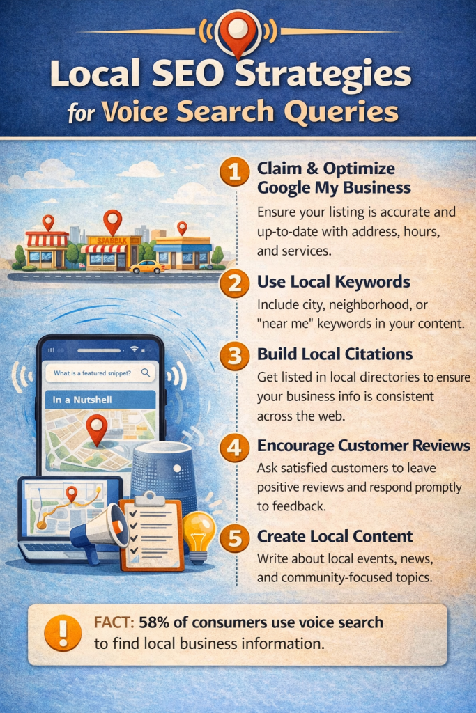 Infographic showing local SEO strategies for voice search queries, including Google My Business optimization, local keywords, citations, customer reviews, and local content