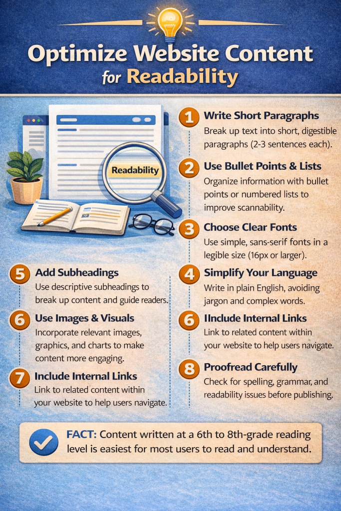 Infographic showing how to optimize website content for readability using short paragraphs, bullet points, clear fonts, simple language, subheadings, visuals, internal links, and proofreading