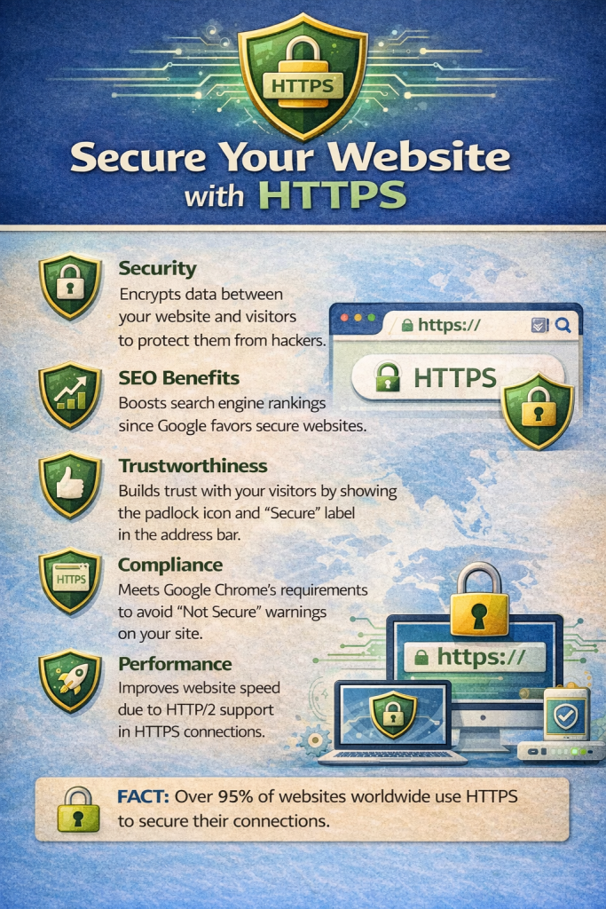Tracking Voice Search SEO performance and website visibility your website with HTTPS, highlighting security, SEO benefits, trustworthiness